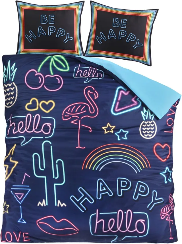 decoware Dekbedovertrek Neon Be Happy - Microvezel - Met Kussensloop Blauw