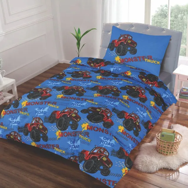 princessdekbedden Kinderdekbedovertrek - Dekbedovertrek set-Monster truck met grote wielen Rood-Blauw - cm + 1 kussensloop