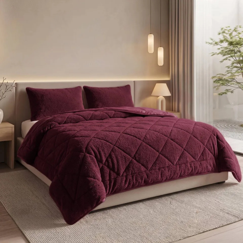 NOUS Living wasbaar dekbed velvet en teddy- Donkerrood, foto 4