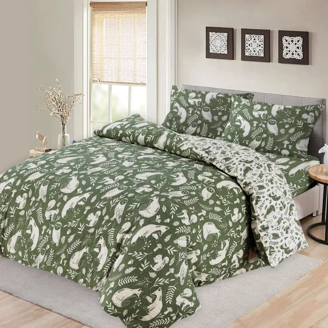 BED GLOW & APPAREL 2-Persoons Dekbedovertrekset 200x200 cm met 2 Kussenslopen 60x70 cm – 100% flannel– Groen