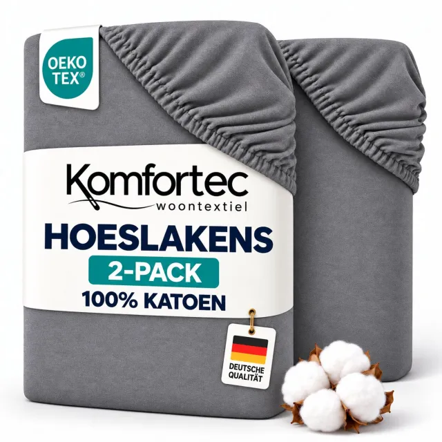Komfortec Jersey Stretch 2-delige Hoeslaken Set 140x200 cm, Dubbelpak, 23 cm Matrasdikte, Rondom Elastiek, 100% Katoen, Grijs