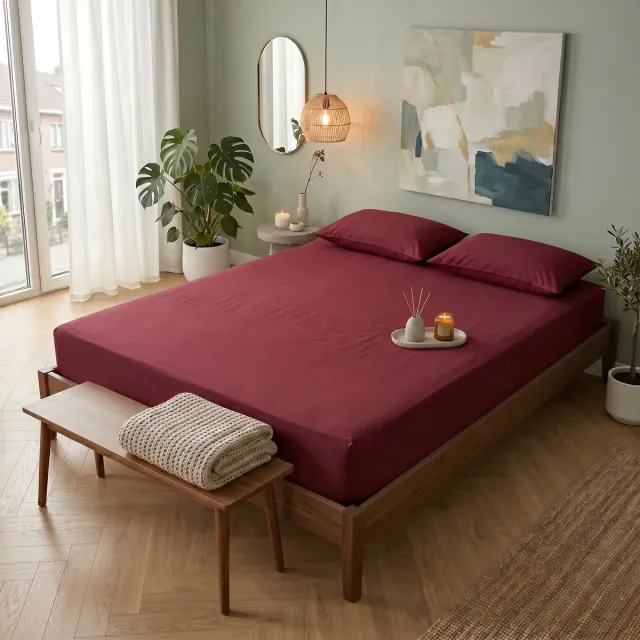 Saphira SOFT Geweven Katoen Hoeslaken – Bordeaux – 90x200 cm – Eenpersoon – 30 cm Matrashoogte – 100% Katoen – 360° Elastiek Rondom – Glad, Ademend & Zacht