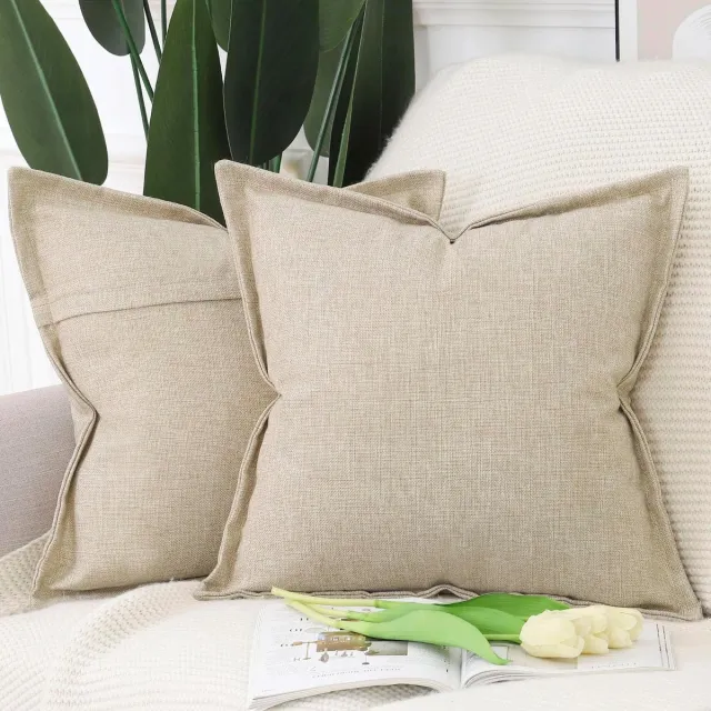 Famanu Set van 2 linnen kussenslopen - decoratief - zachte rand - geschikt voor bank of slaapkamer - 40 x 40 cm - beige - Japandi stijl