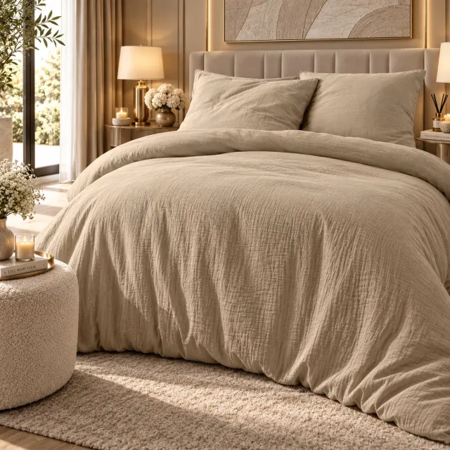 FERBELLA Dekbedovertrek Angelia set 3-delig – 240 x 220 cm – 100% Katoen double gauze – Zandkleur - Incl. 2 Slopen Beige