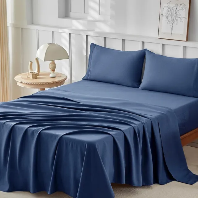 Unyqoos Driedelig donkerblauw beddengoedset voor eenpersoonsbed met hoeslaken
