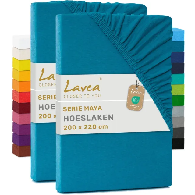 lavea Set van 2 Hoeslakens 200x220 cm – 100% Zacht en Ademend Katoen – voor Dikke Matrassen tot 35 cm – Jersey met Elastiek rondom – Aquamarijn