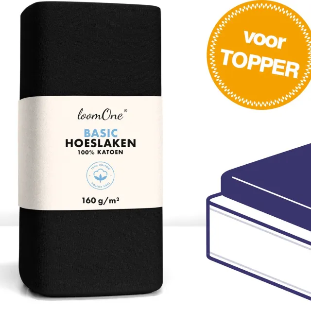 Loom One Hoeslaken Topper – 100% Jersey Katoen – 180x200 cm – tot 12cm matrasdikte– 160 g/m² – Zwart
