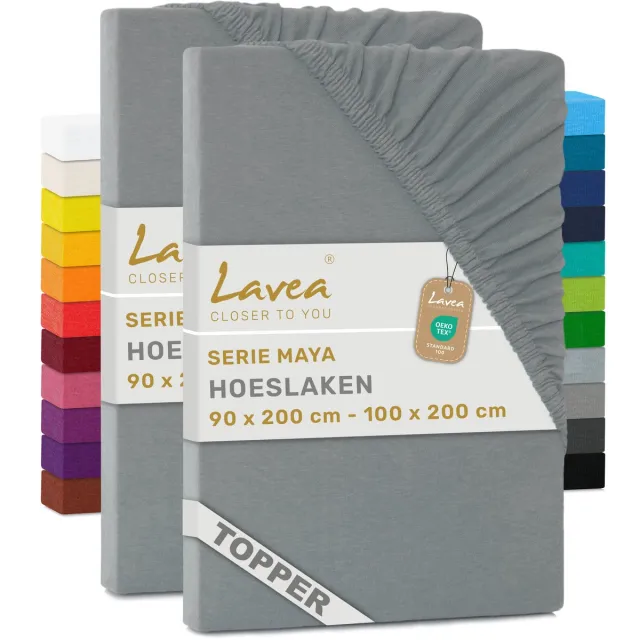 lavea Set van 2 Hoeslakens voor Topper 90x200cm - 100x200cm – 100% Katoen Jersey – voor Topper tot 10 cm – met Elastiek rondom – Middengrijs