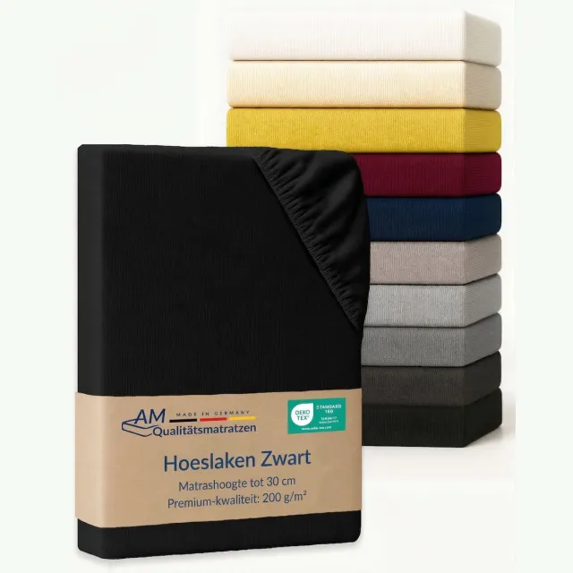 AM Qualitätsmatratzen Premium hoeslaken 120 x 210 cm (200gsm) in Zwart - Made in Germany - OEKO TEX gecertificeerd topper hoeslaken - Jersey hoeslaken - Fitted Sheets
