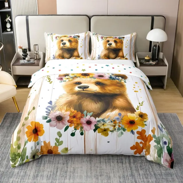 Ibenzoa Katoenen Dekbedovertrekset met Bloemen- en Dierenprint voor Slaapkamerdecoratie Brown Yellow