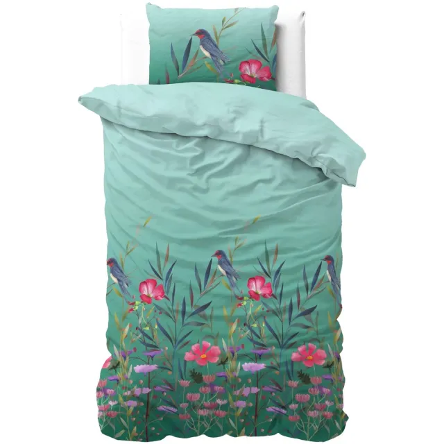 Sleeptime 1-persoons dekbedovertrek (dekbed hoes) turquoise / blauw-groen met bloemen en vogels uit de natuur eenpersoons 140 x 220 cm (unisex beddengoed voor jong en oud)