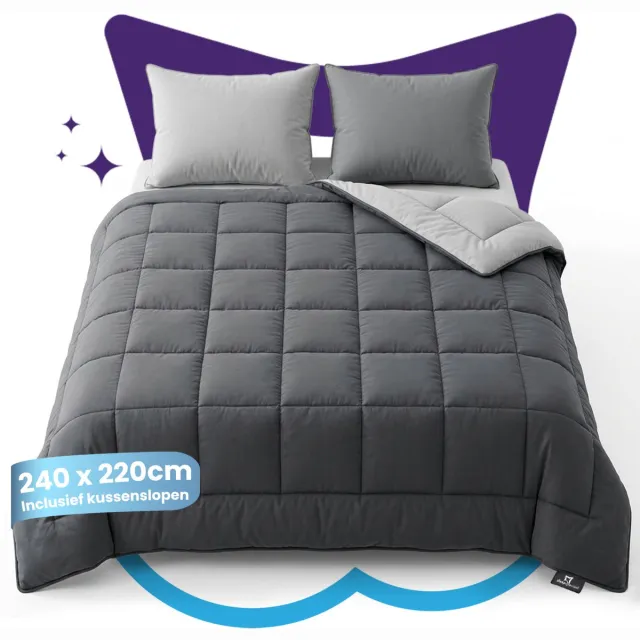 Slaapspeciaal Eazydekbed Supersoft Grijs/Antraciet - Wasbaar Dekbed - Dekbed zonder Overtrek - Hoesloos Dekbed - All Year Dekbed - 2 in 1 Dekbed - Incl. 2 Kussenslopen - 240x220 cm