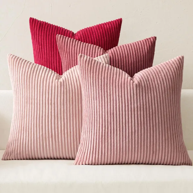 SNQ Vierdelige corduroy kussenhoezenset - Roze - 45x45 cm - Gestreept patroon - Decoratieve kussenhoezen voor banken en woonkamers - Herfstcollectie - Binnenkussen niet inbegrepen