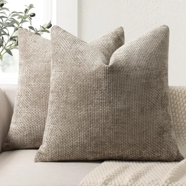 Famanu Chenille kussenhoezen 40x40 cm set 2, luxe zachte sofa kussenhoezen, decoratieve kussens voor woonkamer Khaki