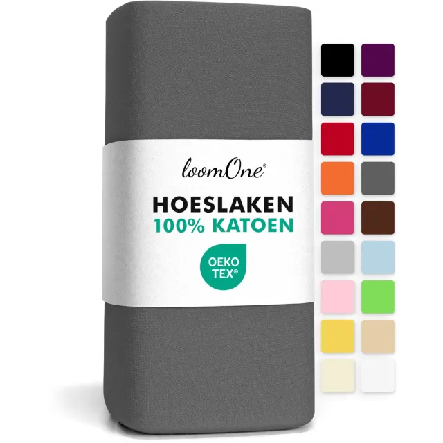 Loom One Hoeslaken – 100% Jersey Katoen – 180x200 cm – tot 25cm matrasdikte– 160 g/m² – Antraciet