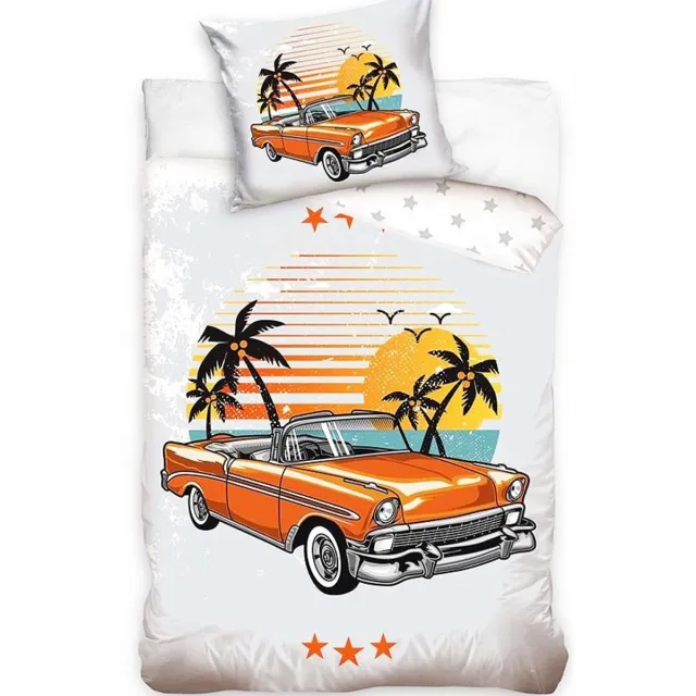 Catherine Lansfield 1-persoons dekbedovertrek (dekbed hoes) “retro oldtimer auto” licht grijs met oranje Amerikaanse Beverly Hills auto (car / wagen) met palmbomen en sterren KATOEN eenpersoons 140 x 200 cm (stoer beddengoed voor jongens / kinderkamer)