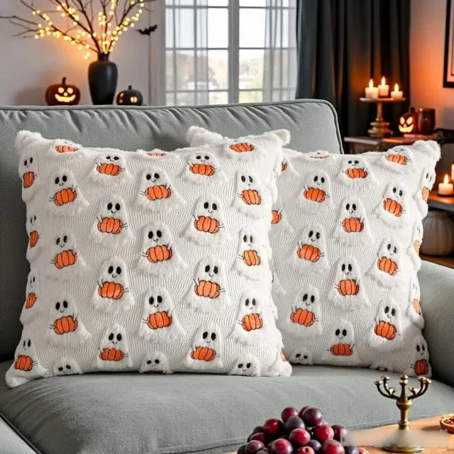 VHV 2-Halloween kussensloop - Spook- en pompoenmotief voor herfstdecoratie - 45 x 45 cm - Voor bank, bed en interieur - Halloween - Wit Wit-2