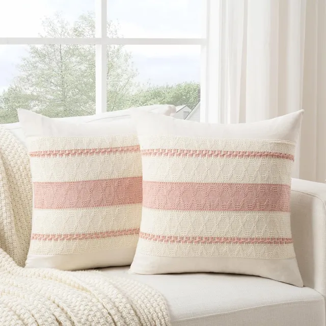 Ibenzoa Bohemien Kussenslopen Set van 2, Roze Decoratieve Linnen Kussenhoezen voor Bank en Slaapkamer