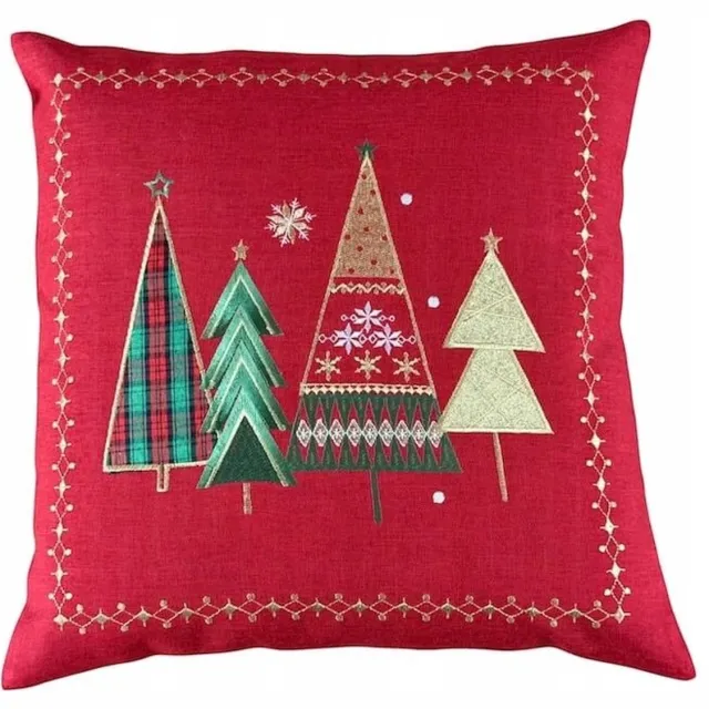DeHome Kerstkussenhoes 40x40 cm - Gouden Kerstbomen Rood