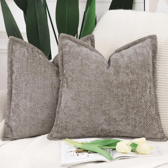 Ibenzoa Set van 2 Zachte Chenille Fluweel Kussenhoezen met Rand, Taupe 50x50 cm – Voor Bank, Woonkamer en Slaapkamer