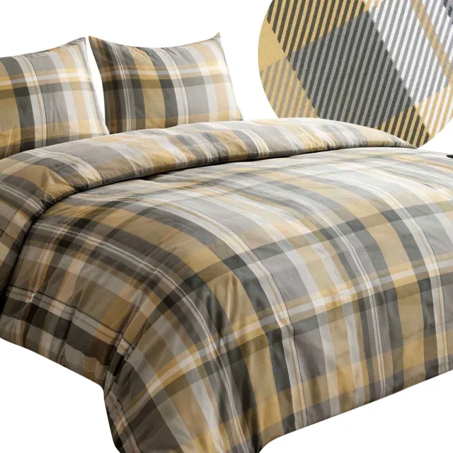 Darymex Satynlove Dekbedovertrek 160x200 cm - Grijs / Geel - Klassieke Ruit - 100% Katoen-Satijn (120 g/m²) - Twijfelaar - Met Ritssluiting - OEKO-TEX® - Met 2 Kussenslopen 70x80 cm Grijs | Geel