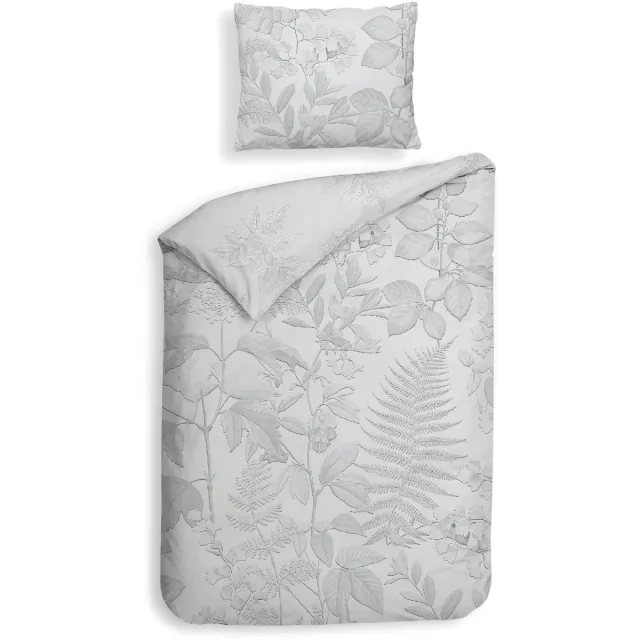 Heckettlane Dekbedovertrek Freyr - Bedlinnen met Bladeren print - 140x200-220 cm - Grijs - Dekbedovertrek van 100% Katoen-Dobby Grey