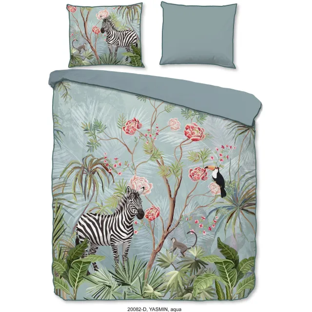 Descanso dekbedovertrek jungle print - 2 persoons 200x200/220 cm - Aqua - 100% Katoen satijn