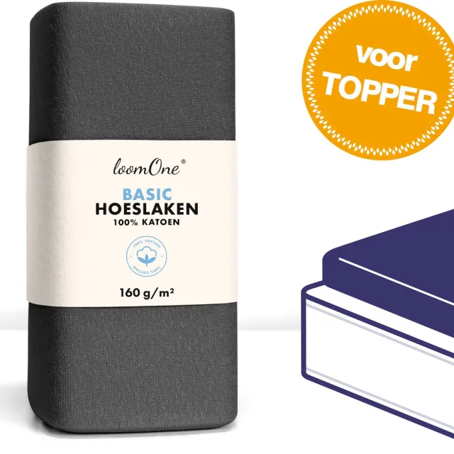 Loom One Hoeslaken Topper – 100% Jersey Katoen – 100x200 cm – tot 10cm matrasdikte– 160 g/m² – Antraciet