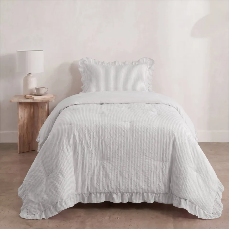 W seersucker dekbed zonder overtrek met kussensloop Lazy - ruffles off white, foto 3