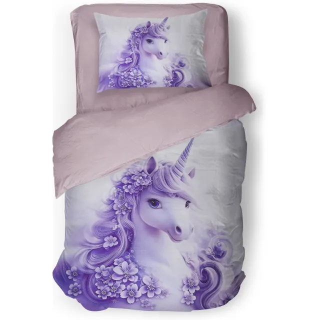 Eleganzzz Kinder Dekbedovertrek Unicorn Flower - Eenhoorn Dekbedovertrek - Bloemen - Lila - 140x200/220cm - Dekbedovertrek Kinderen - Micropercal - Eenpersoons