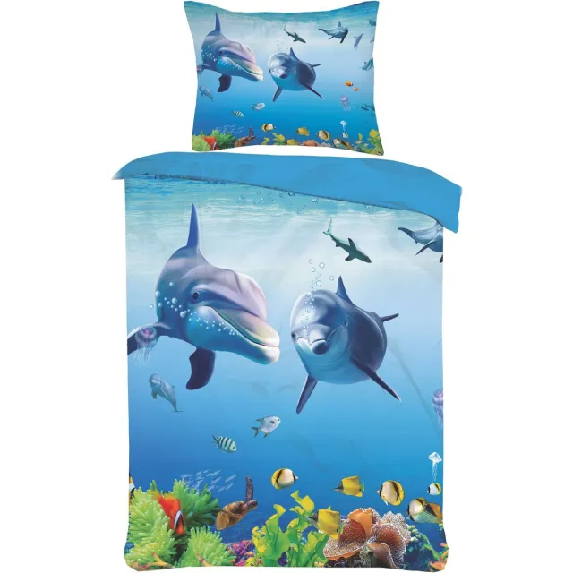 Husch Kinder dekbedovertrek Set Blauw Dolfijnen & vissen 1Persoons- 140x220cm +1 kussensloop 60x70 cm