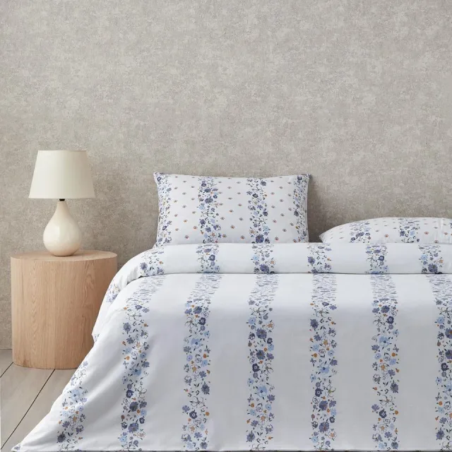 English Home Floret Line - Dekbedovertrekset - 100% Katoen - Eenpersoons - Incl. 1 hoeslaken 100x200- 1 kussensloop - 160 x 220 cm - Wit/Blauw