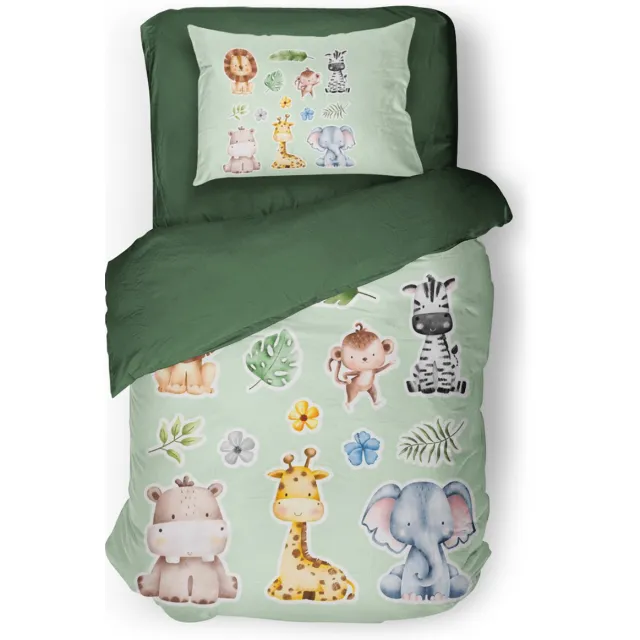 Eleganzzz Kinder Dekbedovertrek Savanne Safari - Safari Dekbedovertrek - Jungle Dieren - Green - 140x200/220cm - Dekbedovertrek Kinderen - Micropercal - Eenpersoons Savanne Safari Green