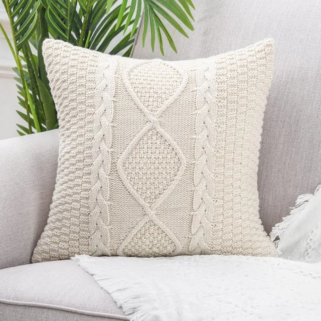 Ibenzoa Katoenen gebreide beige lendenkussenhoes voor stijlvolle en moderne woonkamerdecoratie wit
