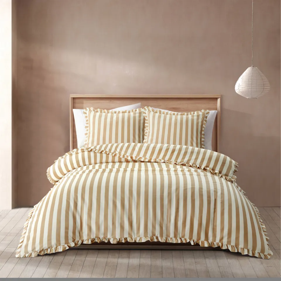 NOUS Living katoenen dekbedovertrek gestreept ruffle beige, foto 2