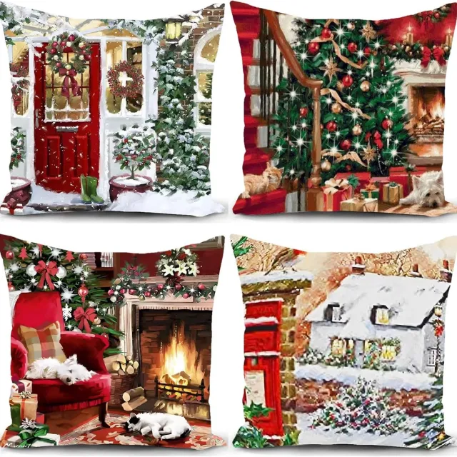 Famanu Kerst kussenhoes kerst kussensloop kerst decoratieve set van 4 winter sierkussenhoezen kerst cadeau kussenhoes woonkamer sofa 40x40cm Multicolor
