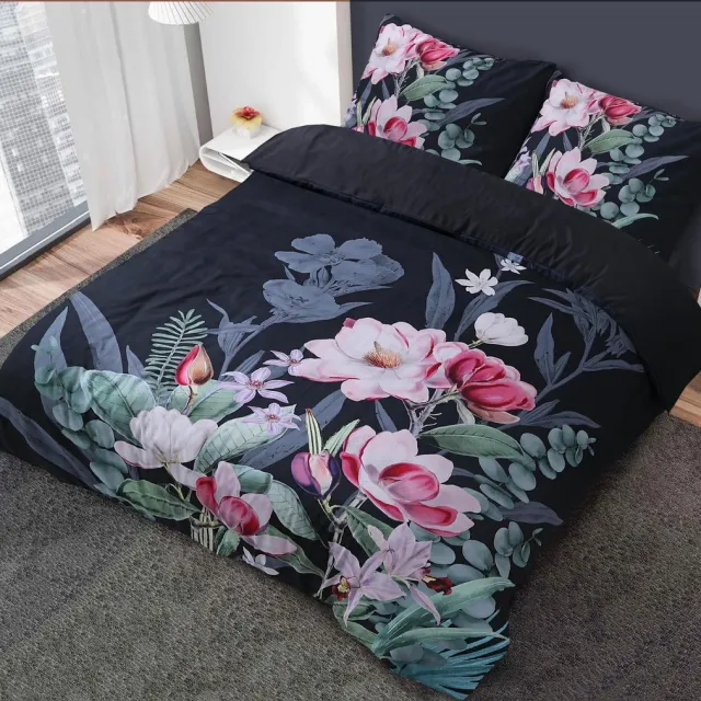 Husch Dekbedovertrek Marlous Black 200x200/220 cm - Microvezel - Botanisch - 2 Kussenslopen - Met Drukknopen Instopstrook Multi