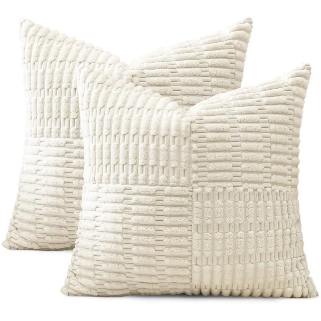 Unyqoos Set van 2 decoratieve corduroy kussenhoezen met gestreept patroon voor diverse interieurs Crèmewit
