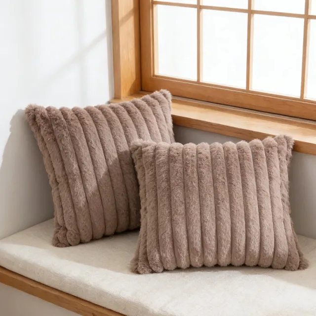 MIVRAY Kussenslopen – Kussensloop Set Met Fluweel, Sierkussenslopen Voor Sofa, Slaapkamer En Bureau, Zachte Gestreepte Kussenslopen – Kameel – 45x45 cm