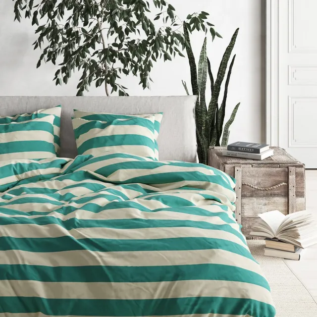 Mistral Home DEKBEDOVERTREK - recycled katoen renforcé - 240 x 220 cm + 2x 65 x 65 cm - lits-jumeaux - strepen - groen- Duurzaam Groen/Geel