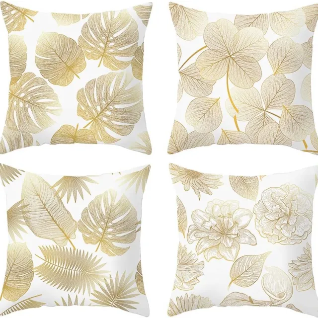 Famanu Kussenslopen 45 x 45 cm - 4 decoratieve kussenslopen voor bank - fluweel - eenvoudig en decoratief - bladkussens voor slaapbank - slaapkamer - auto Leaves gold 02