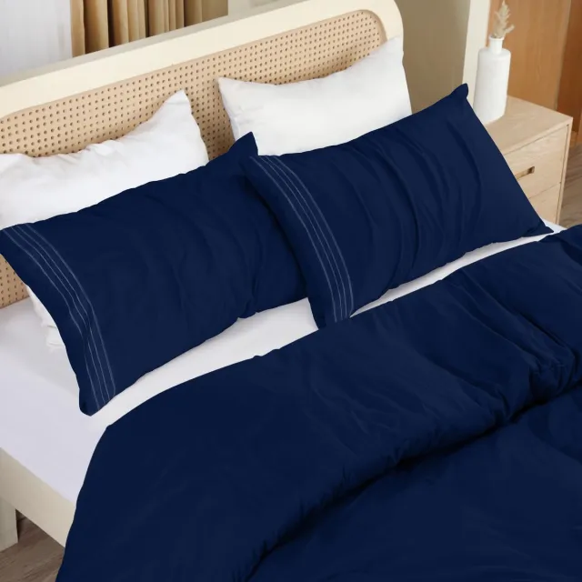 Ibenzoa Premium Microvezel Dekbedovertrekset – met 2 Geborduurde Kussenslopen – Marineblauw donkerblauw