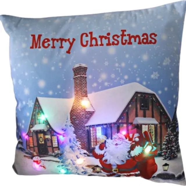 EazyPeezy Kerstkussensloop 45 x 45 cm - Besneeuwd Huis Kerstpatronen - Gekleurde LEDverlichting lichtblauw