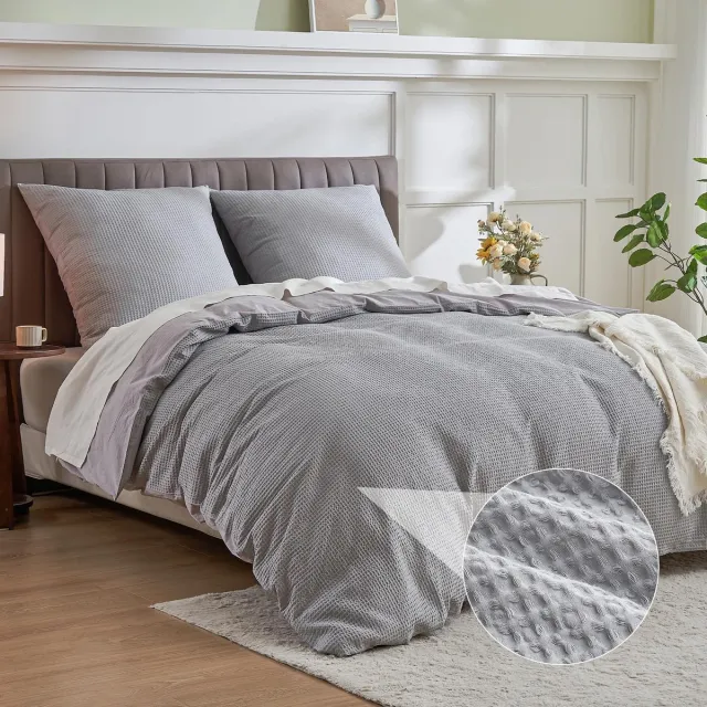 JGS ® Luxueuze Zomer Beddengoedset van 100% Katoen met Wafelstructuur en Kussensloop, Lichtgrijs