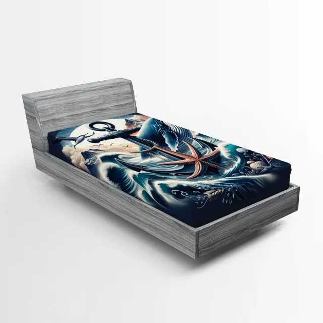ABAKUHAUS Nautisch hoeslaken, Marine Anker en Zeemeeuw, Zachte stof met Elastische Band, 90 x 200 cm, Indigo Donker Zalmkleur Indigo donkere zalm
