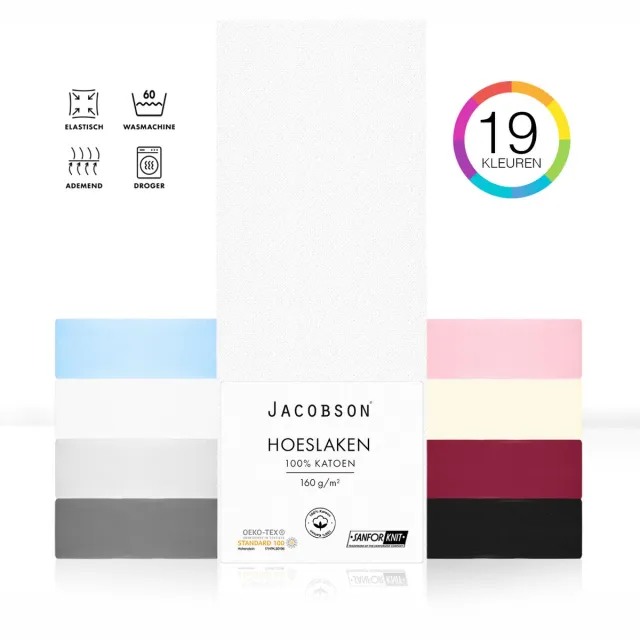 JACOBSON PREMIUM - Jersey Hoeslaken - 200x200cm - 100% Katoen - tot 23cm matrasdikte - Wit