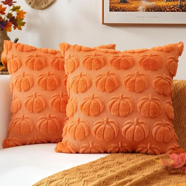 KZQ Pompoen Kussensloop Set 2 Stuks - Pluche Herfst Decoratie 45x45 cm - Boho Stijl Sofakussen voor Woonkamer en Tuin - Moderne Wol Kussenhoes voor Seizoensversiering oranje kleur