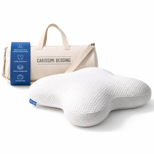 Carissimi Bedding Dreamers Hoofdkussen - Ergonomisch Vlinderkussen - Traagschuim Slaapkussen - Kussen met Nek & Schouder Ondersteuning - Inclusief Reistas wit