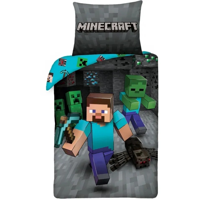 Minecraft Dekbedovertrek Mining - Katoen Grijs / Blauw