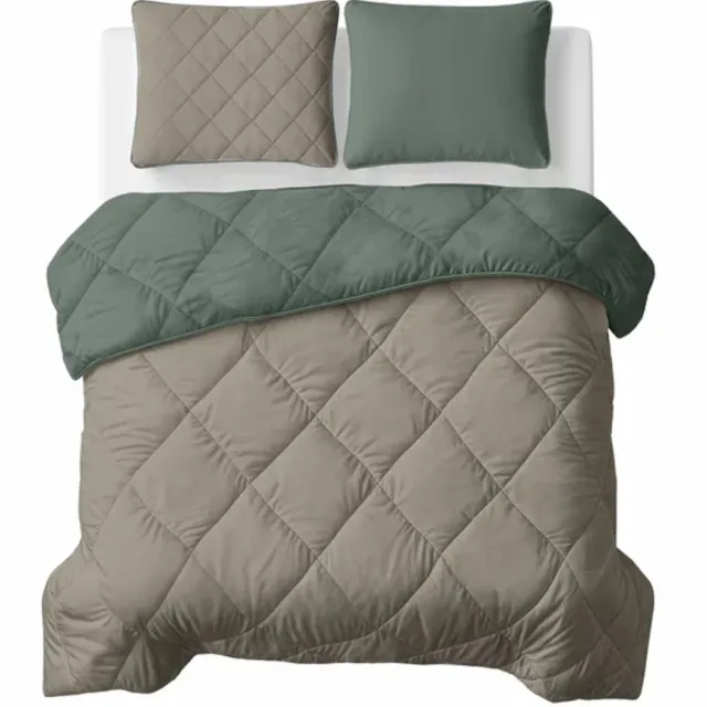 decoware Dekbed zonder overtrek 200x200 cm - Groen/Taupe - Met Kussenslopen - Hoesloos Dekbed - Wasbaar